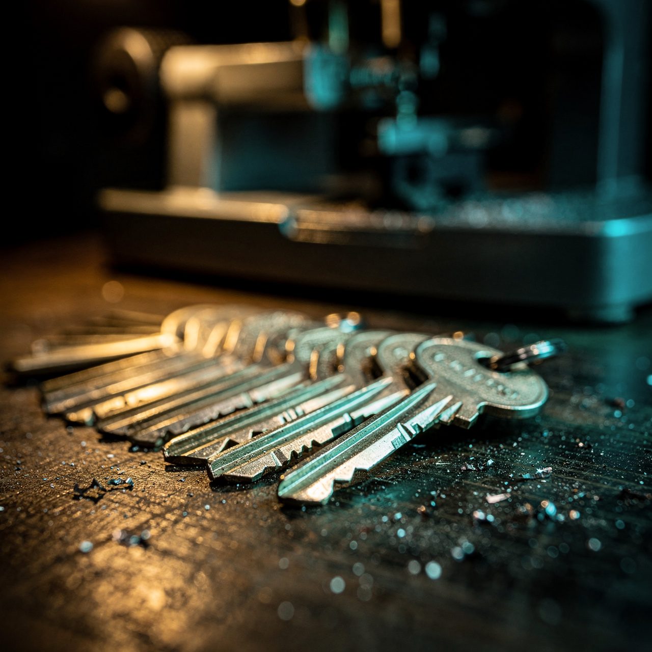 Jeu de cles neuves sur un etabli devant une machine a tailler les cles