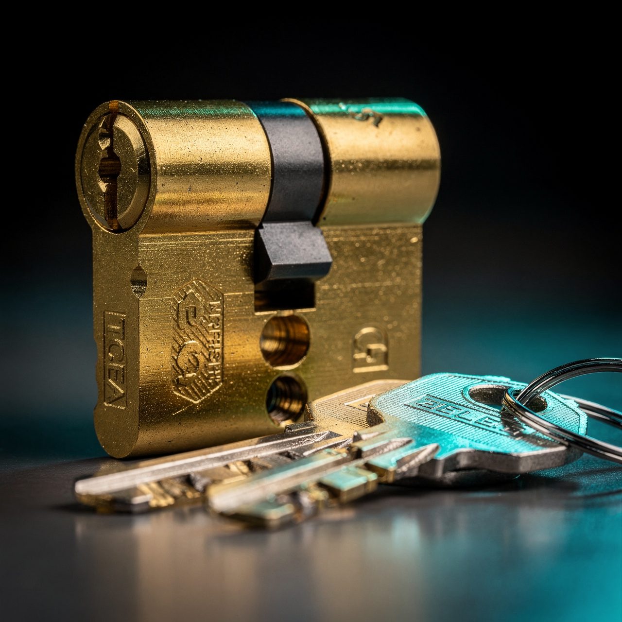 Cylindre de serrure haute securite avec cles, macro sur fond sombre