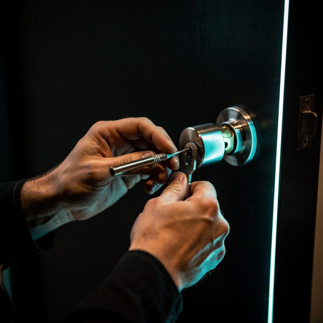 Serrurier travaillant sur une serrure avec ses outils, concentre