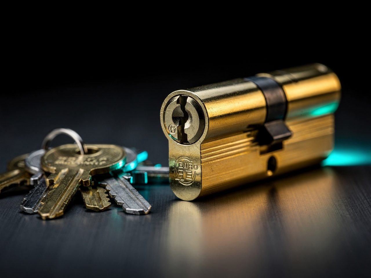 Cylindre de serrure haute securite et trousseau de cles, gros plan