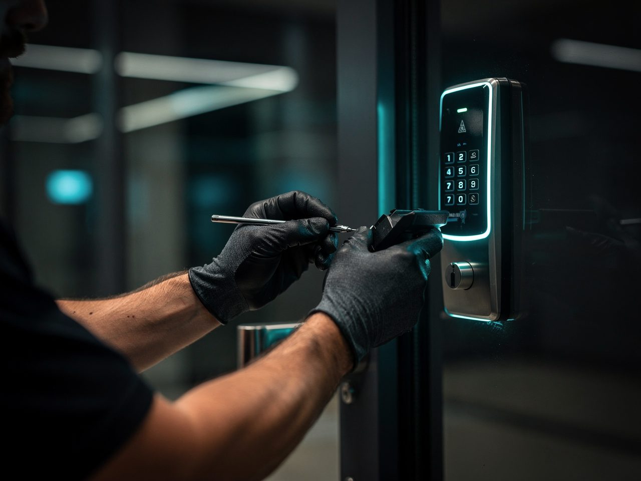 Serrurier installant un controle d'acces sur une porte de local professionnel