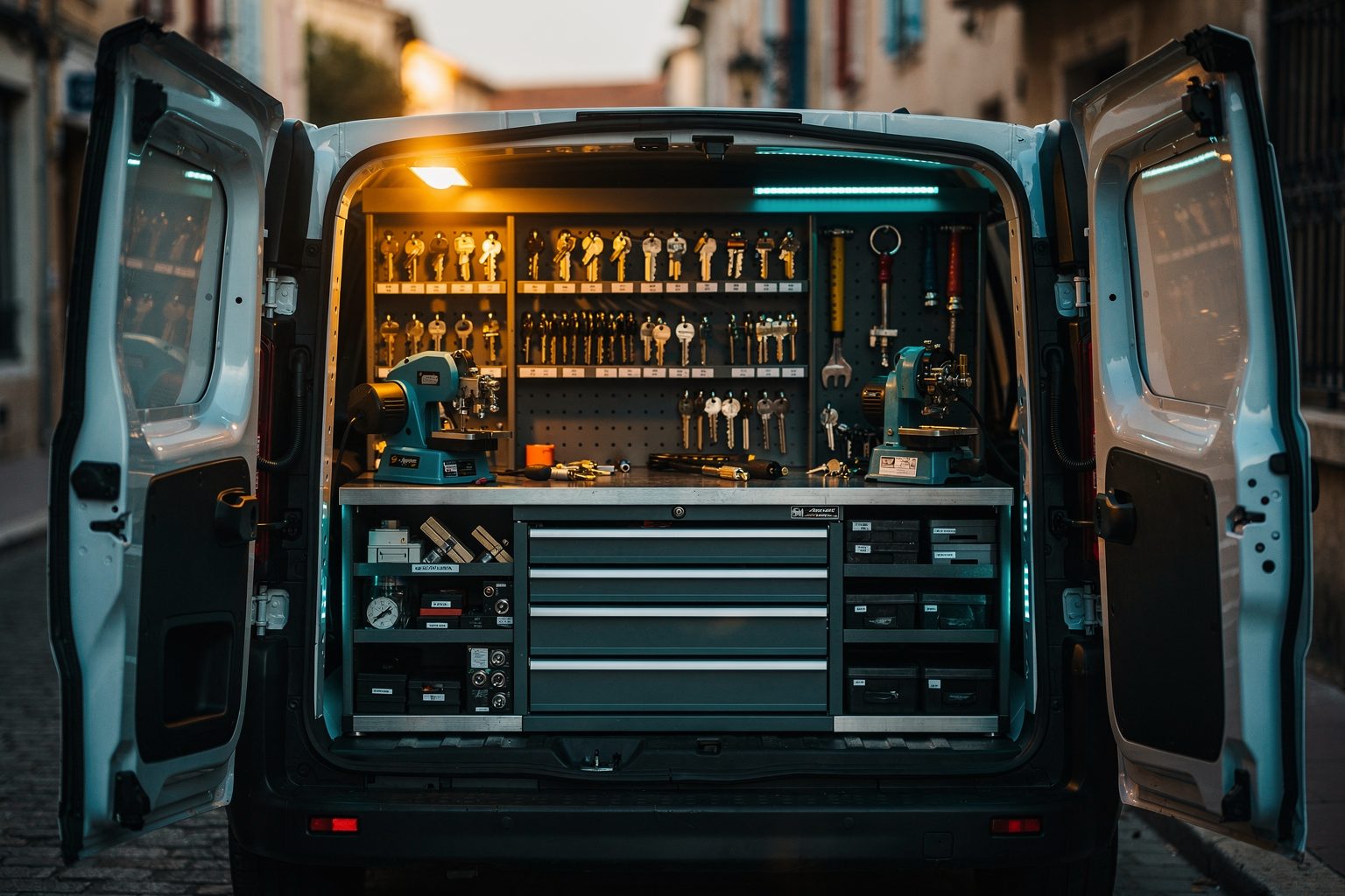 Camionnette de serrurier ouverte montrant le materiel range, de jour